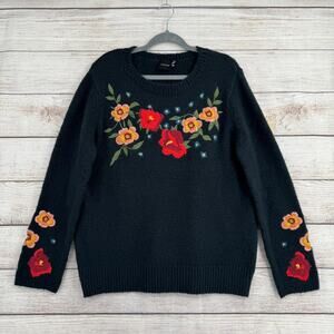 Cliche Floral Embroidered Crewneck Sweater Womens XL Black Red Pink‎